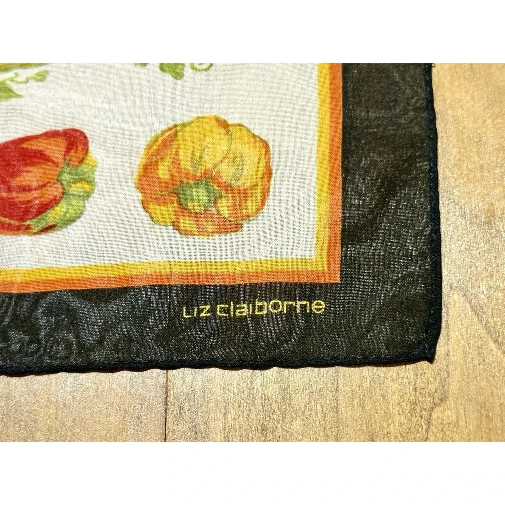 Liz Claiborne Vintage Vegetable Silk Scarf Black Border Novelty Garden Print 80s